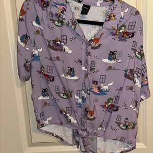 Purple Disney Cats Print Button-Up Shirt with Tie Front
